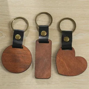 Retro DIY wood and leather keychain set in round, heart, and rectangular shapes