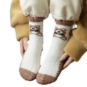 Fluffy bear pattern coral fleece socks in white and brown for winter warmth