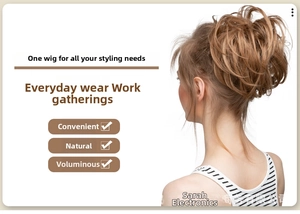 Detail view of natural messy hair bun extension with brown fiber texture on model