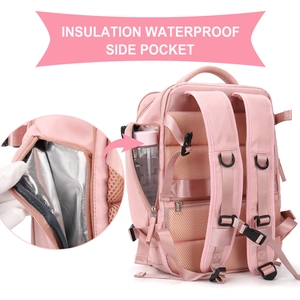 Pink travel backpack detail showing silver insulated waterproof side pocket for storage