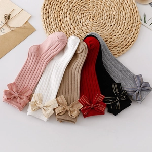 Children's ribbed cotton knee-high socks with gold thread bow accents in six colors