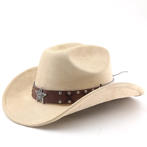 Detail of khaki suede cowboy hat featuring leather band and silver star emblem
