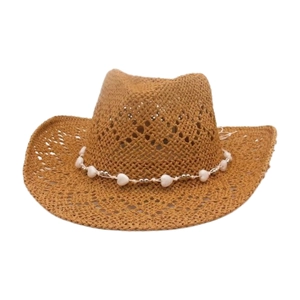 Brown hollow-out woven cowboy straw hat featuring heart bead decorative band for summer