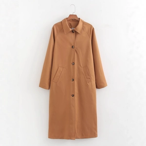 Women Long Trench Coat Polyester Single Breasted Lapel Plaid Lining Raglan Sleeve Casual Fashion Solid Color Outerwear Jacket