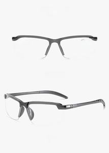 Front and 45-degree side views of men's gunmetal semi-rimless glasses with clear lenses