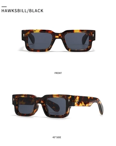 Detailed front and side view of classic tortoiseshell square sunglasses with silver rivets