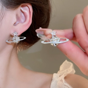 Detailed macro view of silver Saturn earrings with sparkling zircon and star elements