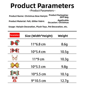 Size chart showing dimensions and weight for various Christmas sequin hair bow styles