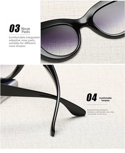 Close-up of integrated nose pads and ergonomic temples on black cat eye sunglasses
