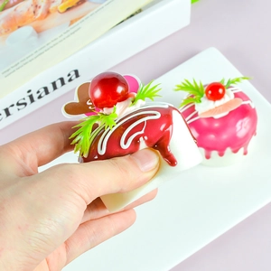 Squeezable PU foam artificial cherry cake fridge magnet with slow rebound texture