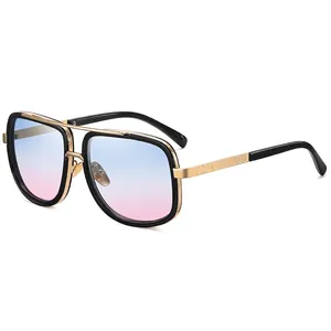 Retro pilot sunglasses with gold metal double bridge and blue-pink gradient lenses