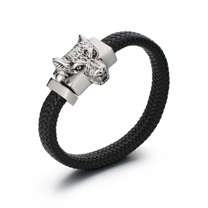 Braided black leather men's bracelet with a vintage silver-colored wolf head metal clasp