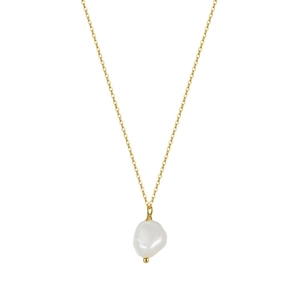 Baroque natural freshwater pearl pendant with a thin gold-plated silver chain on white background