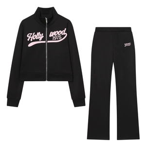 Hollywood 1975 Embroidery Stand Collar Zip Up Jacket And Flare Pants Women Sporty Street Style Knit Black Outfits