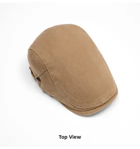 Top view of khaki flat cap featuring high-density twill fabric and refined stitching