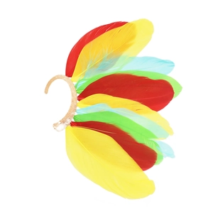 Detail of colorful peacock feather ear cuff with red yellow green and blue plumes