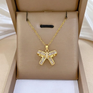 Bowtie Pendant Necklace Gold Plated Stainless Steel Chain Copper Zircon Rhinestone Inlaid Elegant Clavicle Chain Jewelry For Women