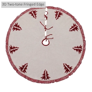 48-inch knitted Christmas tree skirt with red tree patterns and fringe edge
