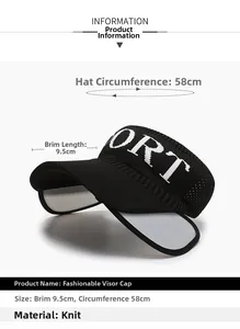 Detail showing 9.5cm brim and 58cm circumference of black knit sport sun visor cap