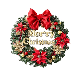Classic Christmas wreath with red bows, poinsettia flowers and golden Merry Christmas sign