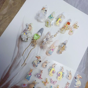 Autocollants 3D pour ongles style Pierre Lapin avec perles et accents floraux