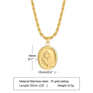 Detailed view of 18k gold plated sunflower oval pendant with dimension specifications