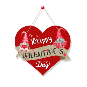 Detail of heart-shaped wooden Valentine's door sign with gnomes and burlap Happy Valentine's Day banner
