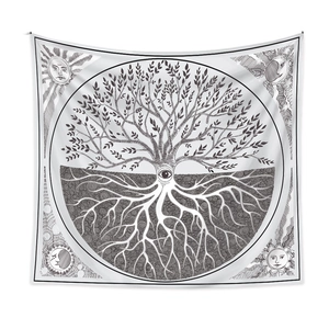 Detailed view of the Tree of Life tapestry with mystical sun and moon motifs