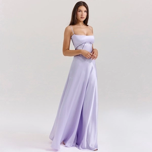Elegant lavender satin maxi dress with thin straps and slimming geometric stitching