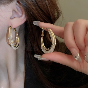 Elegant gold double teardrop hoop earrings with glittering mesh texture for women
