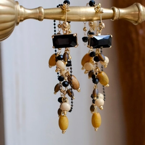 Bohemian Ethnic Tassel Drop Earrings With 925 Sterling Silver Earring Post Wood Colorful Beads Geometric Rectangle Resin