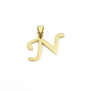 Detail of 18K gold plated stainless steel letter N pendant with high gloss finish