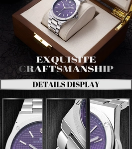 Detailed view of IBSO BOERNI men's watch with purple grid dial and stainless steel band