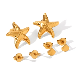 Set of three pairs 18k gold-plated stainless steel stud earrings with starfish and shell