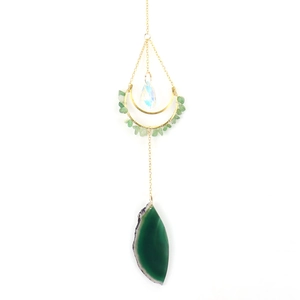 Detailed Bohemian hanging suncatcher with green agate slice and golden crescent moon pendant