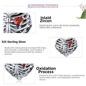Detailed views of a 925 sterling silver heart ribcage charm with a red zircon stone