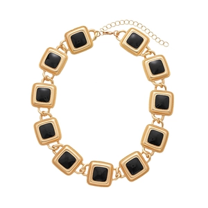 Vintage gold square geometric link necklace with black enamel inlay and lobster clasp