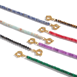 Vintage beaded bracelet with natural malachite and tiger eye stones and gold clasp