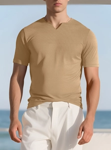 Detail of khaki men's Henley t-shirt featuring a notched neckline and soft knit texture