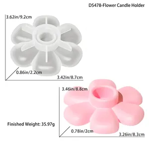 Vue détaillée du moule à bougeoir fleur en silicone et plateau de rangement avec dimensions