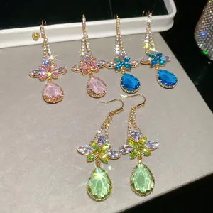 Floral zircon earrings with pear-cut teardrop gemstones in blue, pink, and green