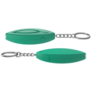 Detail showing the green leaf-shaped personal alarm with metal keychain and side button