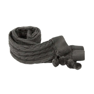Thick knitted cable over-knee leg warmers in dark grey with decorative pom-poms