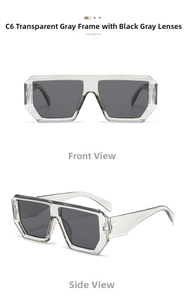 Detail view of transparent grey oversized square sunglasses with dark grey lenses