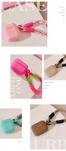 Detail showing five colorful silicone AirPods cases with thick braided lanyards and hooks