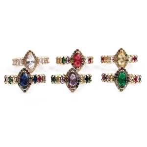 Ensemble de bagues en cristal coloré taille marquise avec anneaux réglables dorés