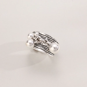 Vintage textured adjustable open silver ring with decorative metal beads for women