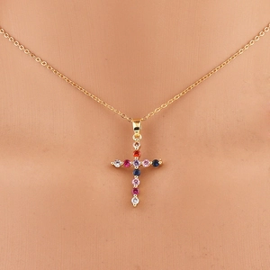 18K gold plated copper cross necklace for women with multi-colored round gemstones