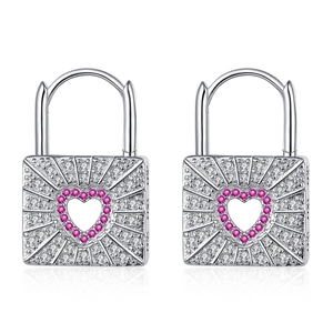 Fashion Copper Platinum Plated Heart Padlock Hoop Earrings With Pink Zirconia Inlaid Luxury Hollow Heart Dangle Jewelry For Women
