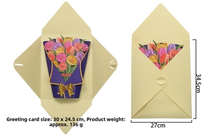 Detailed 3D pop-up tulip flower bouquet card showing dimensions and folded envelope